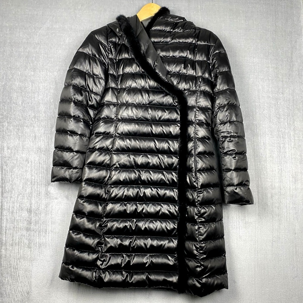 Womens Long Duck Down Puffer Medium Hooded Black Glossy Fur Trim Avant Garde Ski